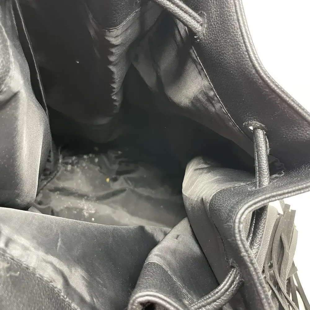 Victorias Secret VS Black Faux Leather Fringe Backpack Bag Boho Drawstring